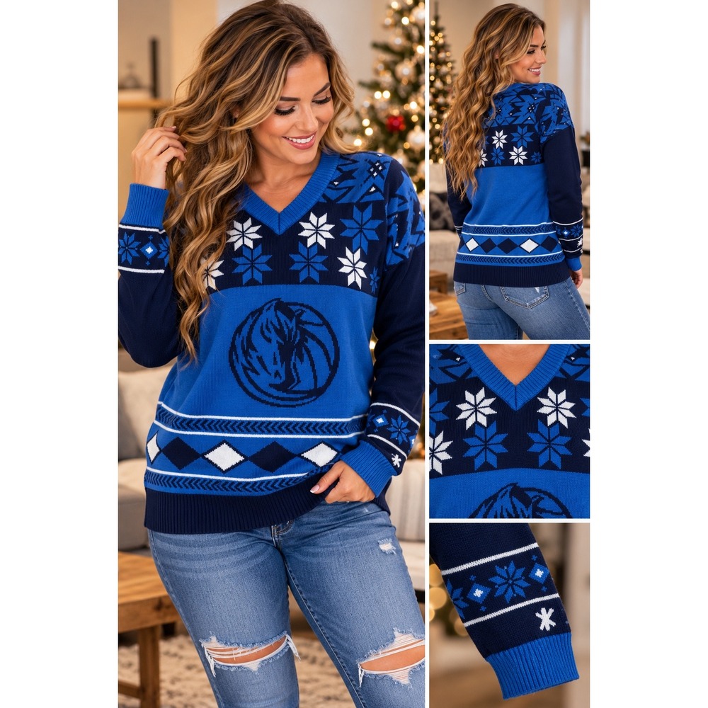 Dallas Mavericks NBA Womens V-Neck Ugly Holiday Sweater Blue Small Fair Isle